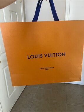 Louis Vuitton Orange Shopping Bag with Blue Ribbon Handles